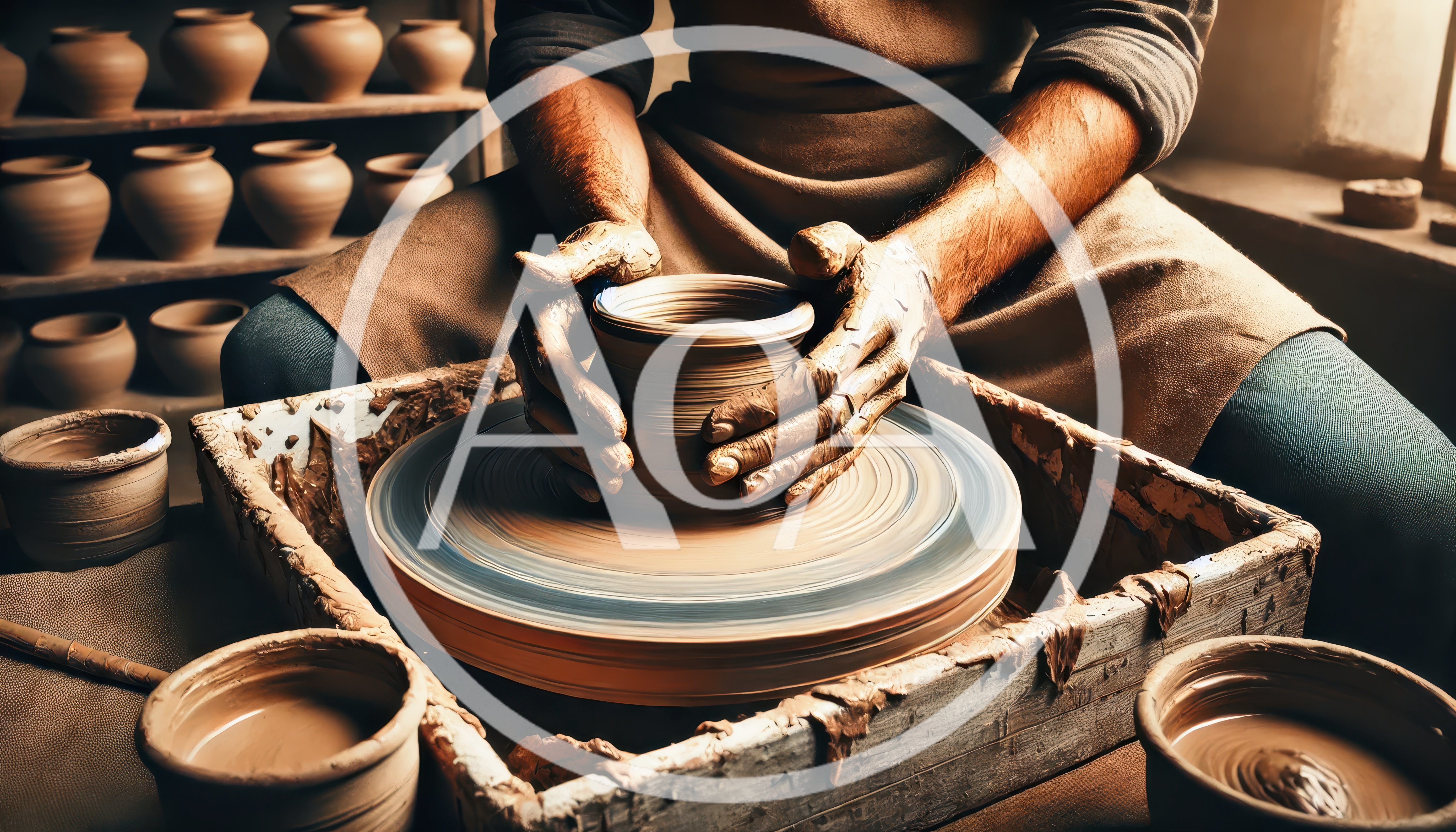 Potter Shaping Clay Vessel On A Spinning Wheel