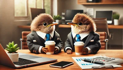 Two Business Birds Having Coffee in an Office