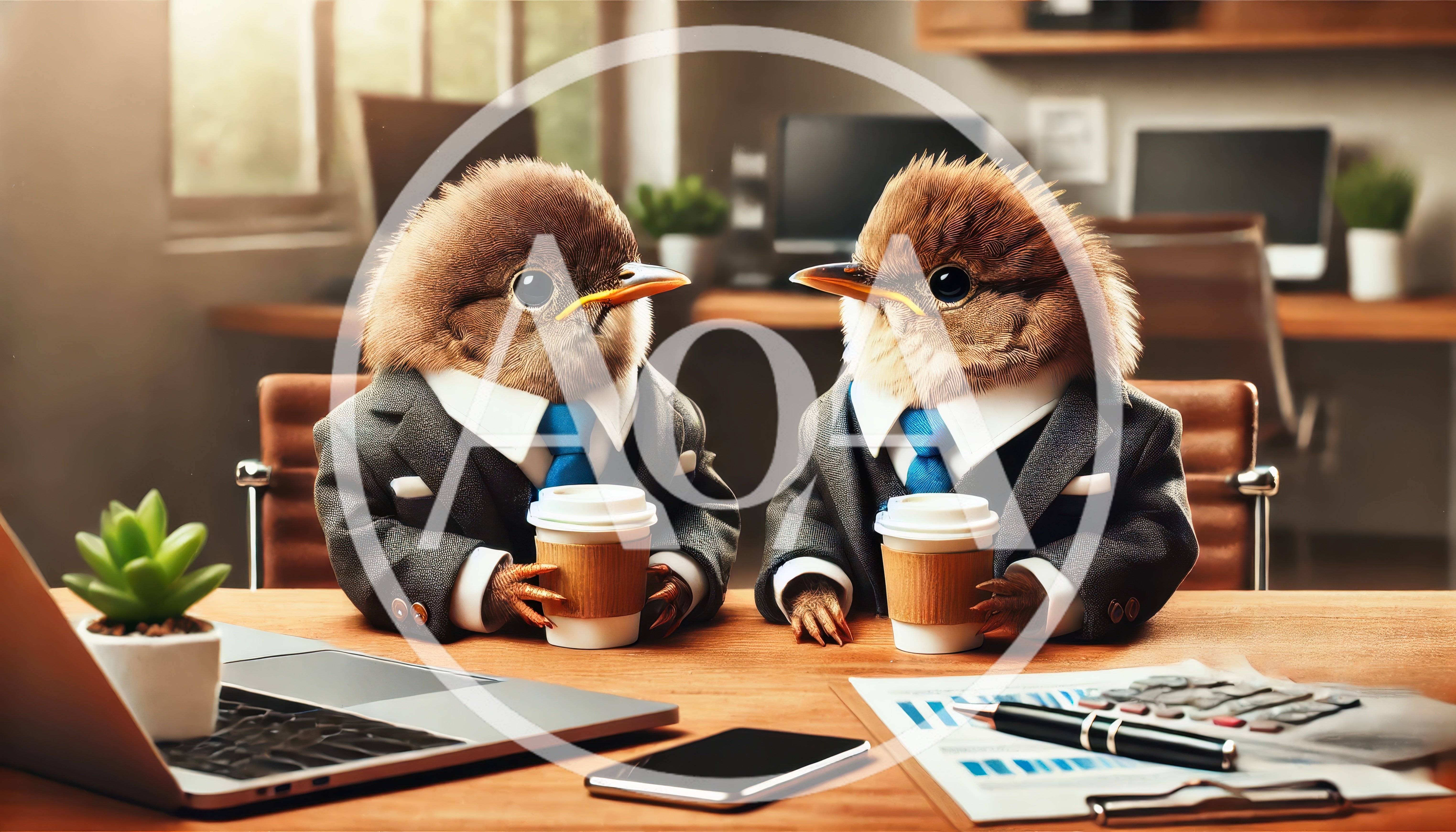 Two Business Birds Having Coffee in an Office