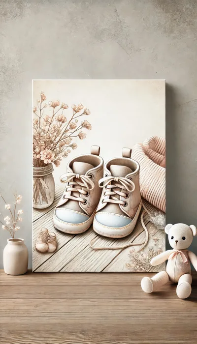 Baby Shoes And Teddy Bear On Wooden Table