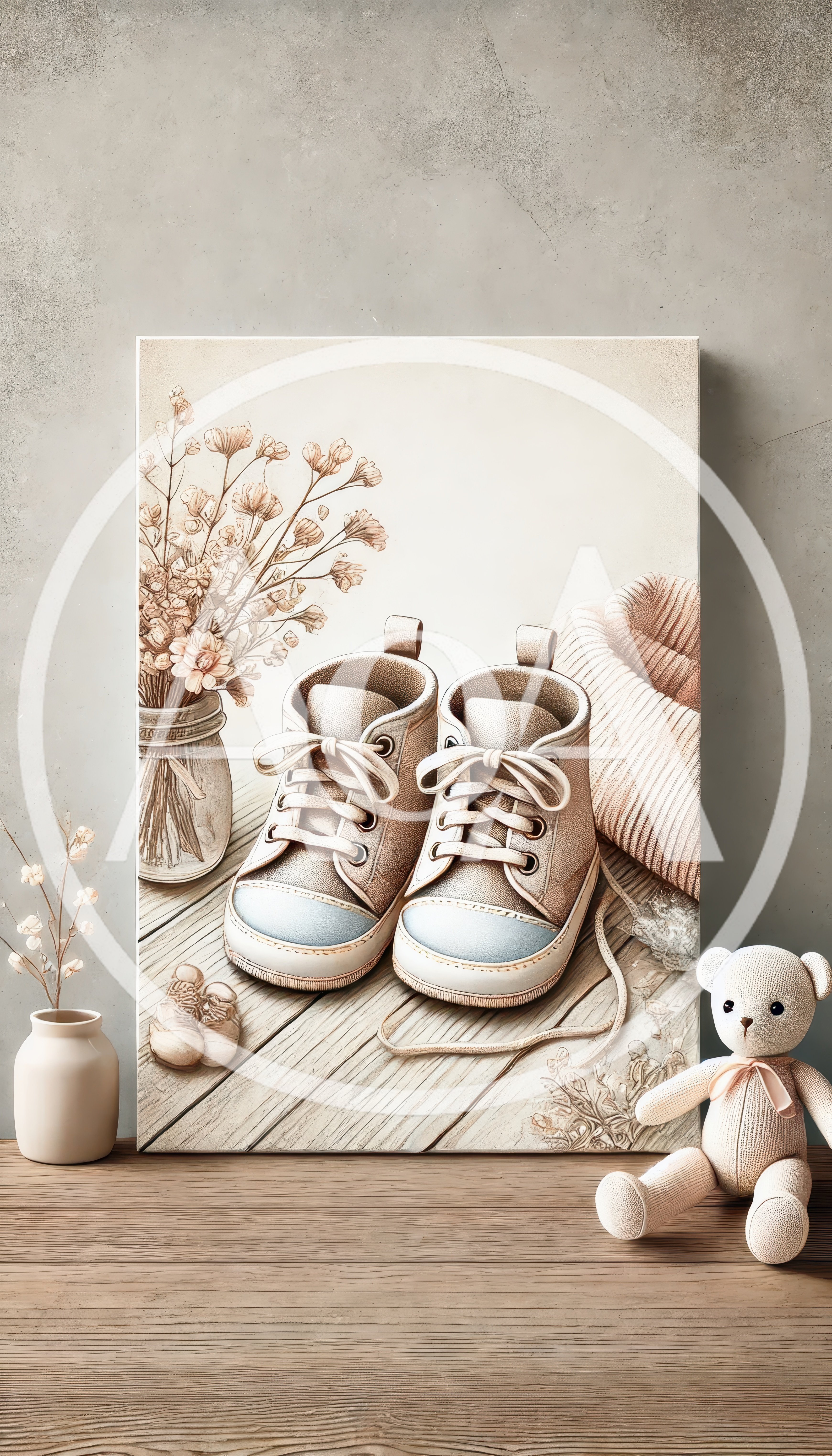 Baby Shoes And Teddy Bear On Wooden Table