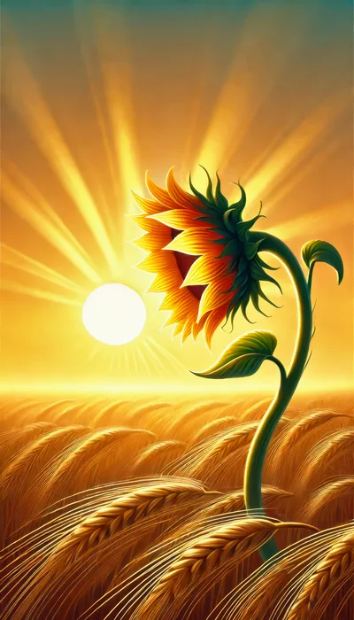 Single Sunflower Standing In A Golden Wheat Field