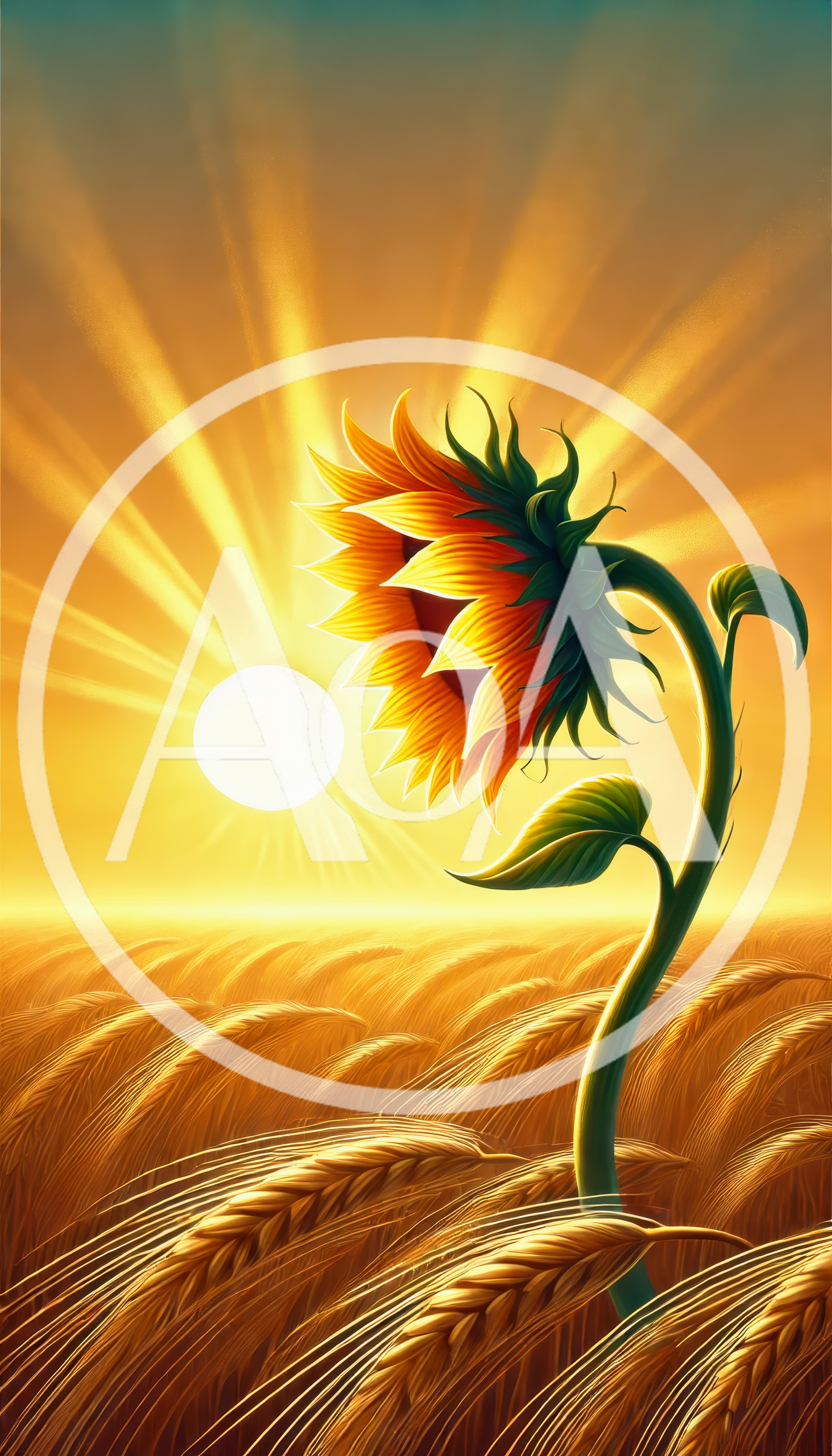 Single Sunflower Standing In A Golden Wheat Field