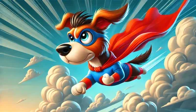 Cartoon Superhero Dog Flying Through The Sky