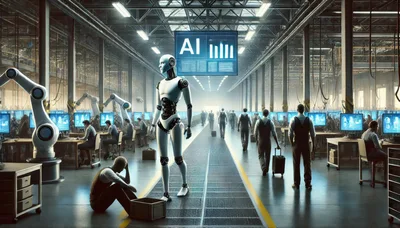 Humanoid Robot Walking Through A Futuristic Industrial Office