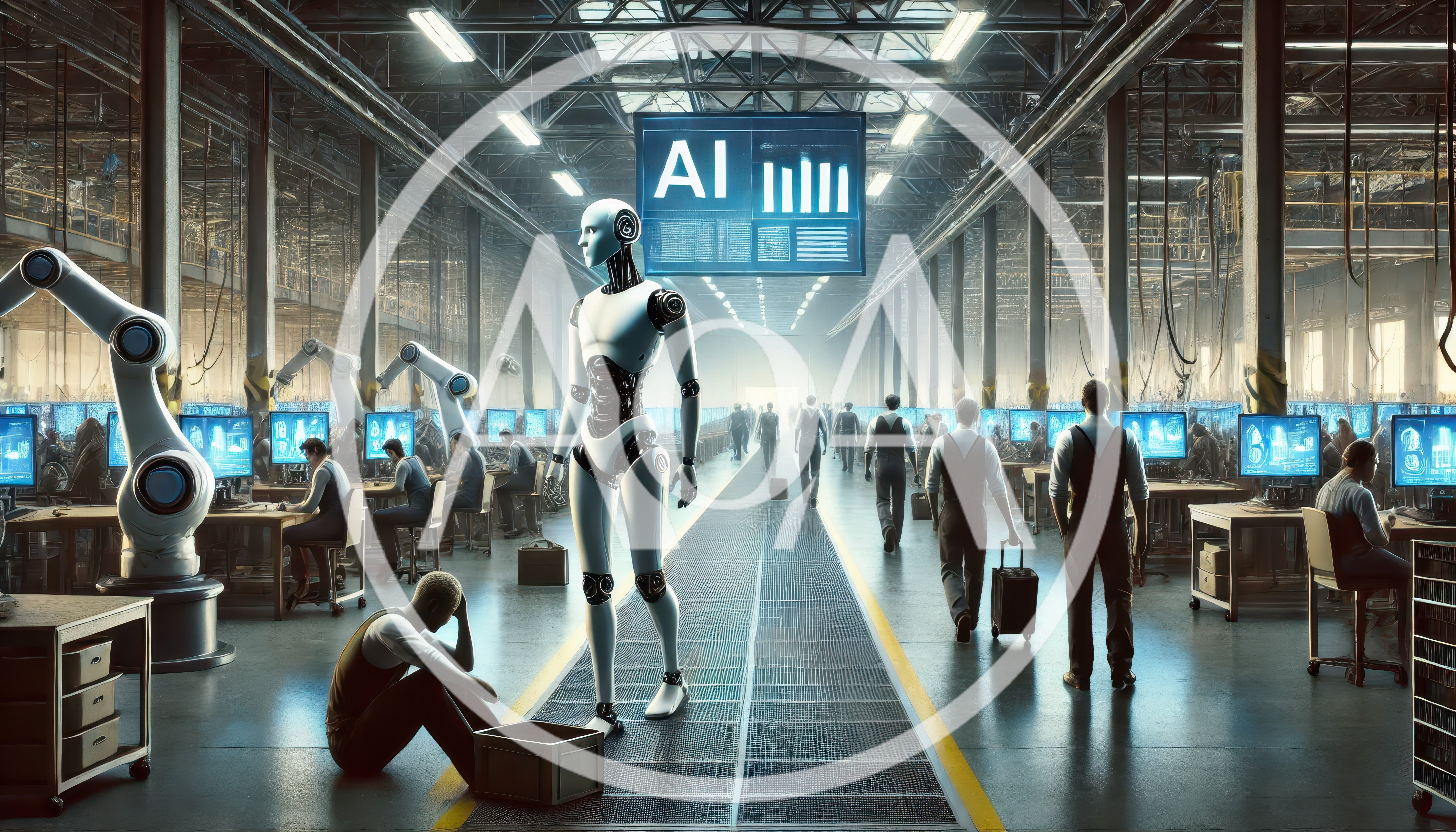 Humanoid Robot Walking Through A Futuristic Industrial Office