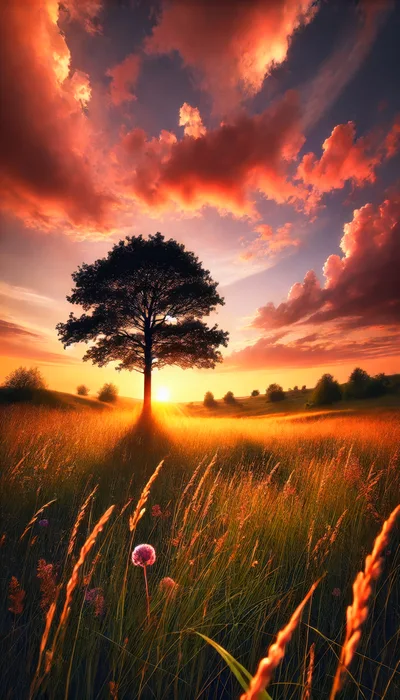 Solitary Tree In A Golden Sunset Meadow