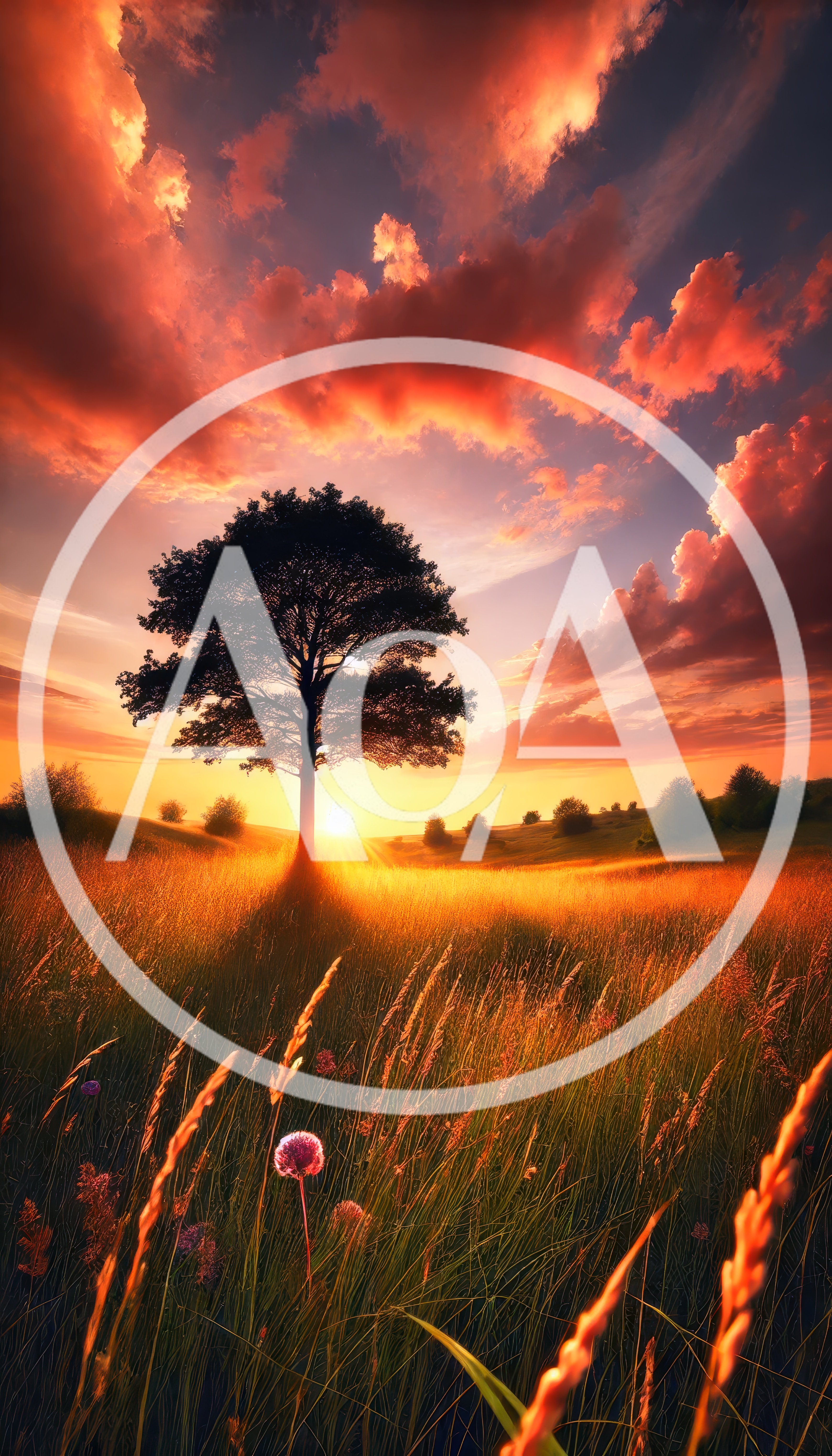 Solitary Tree In A Golden Sunset Meadow