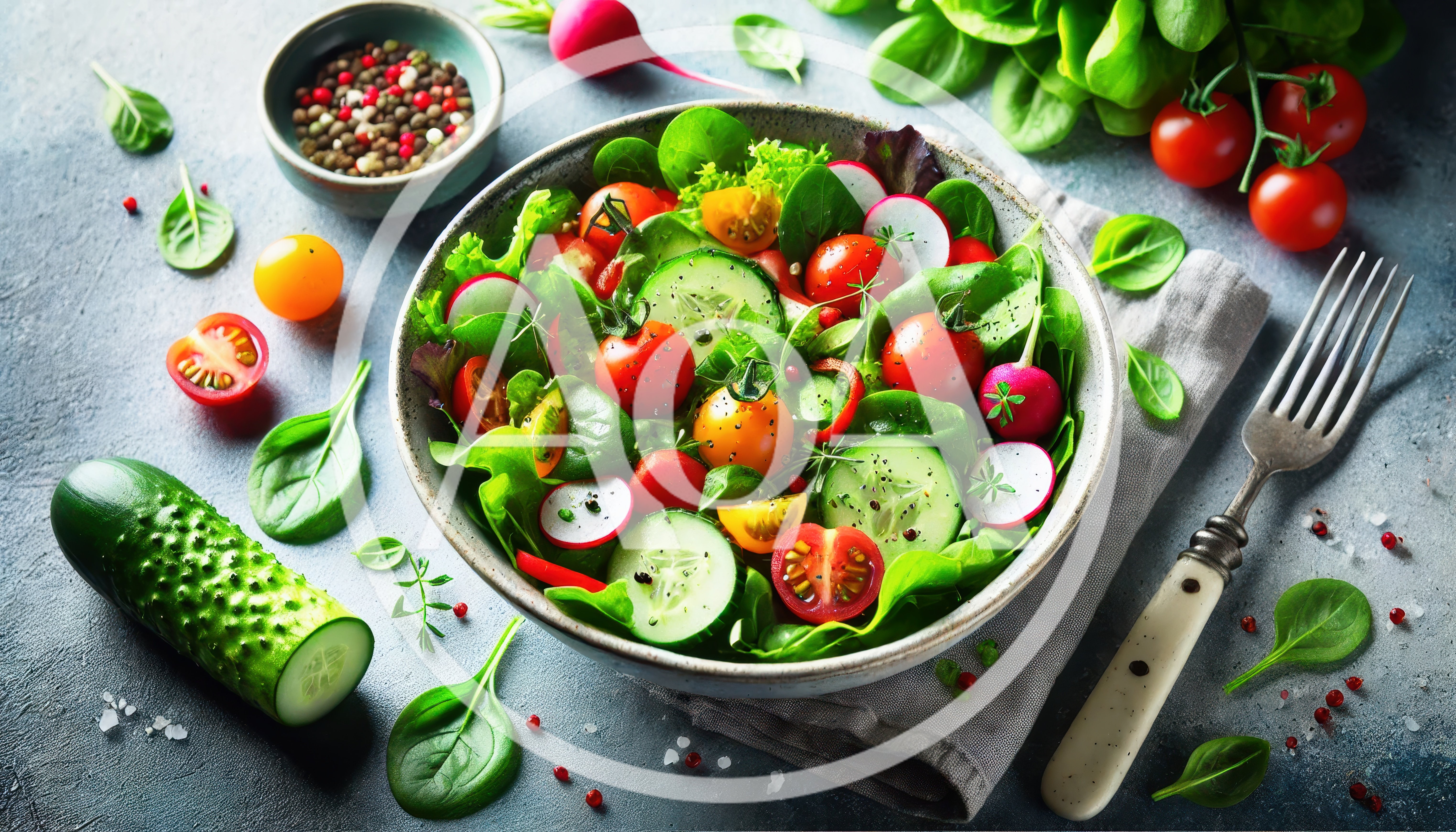 Fresh Vegetable Salad Bowl With Cucumber And Tomatoes