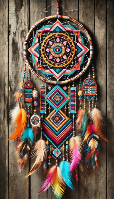 Handmade Dreamcatcher With Colorful Feathers And Geometric Patterns