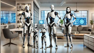 Futuristic Robot Family Standing In Modern Living Room