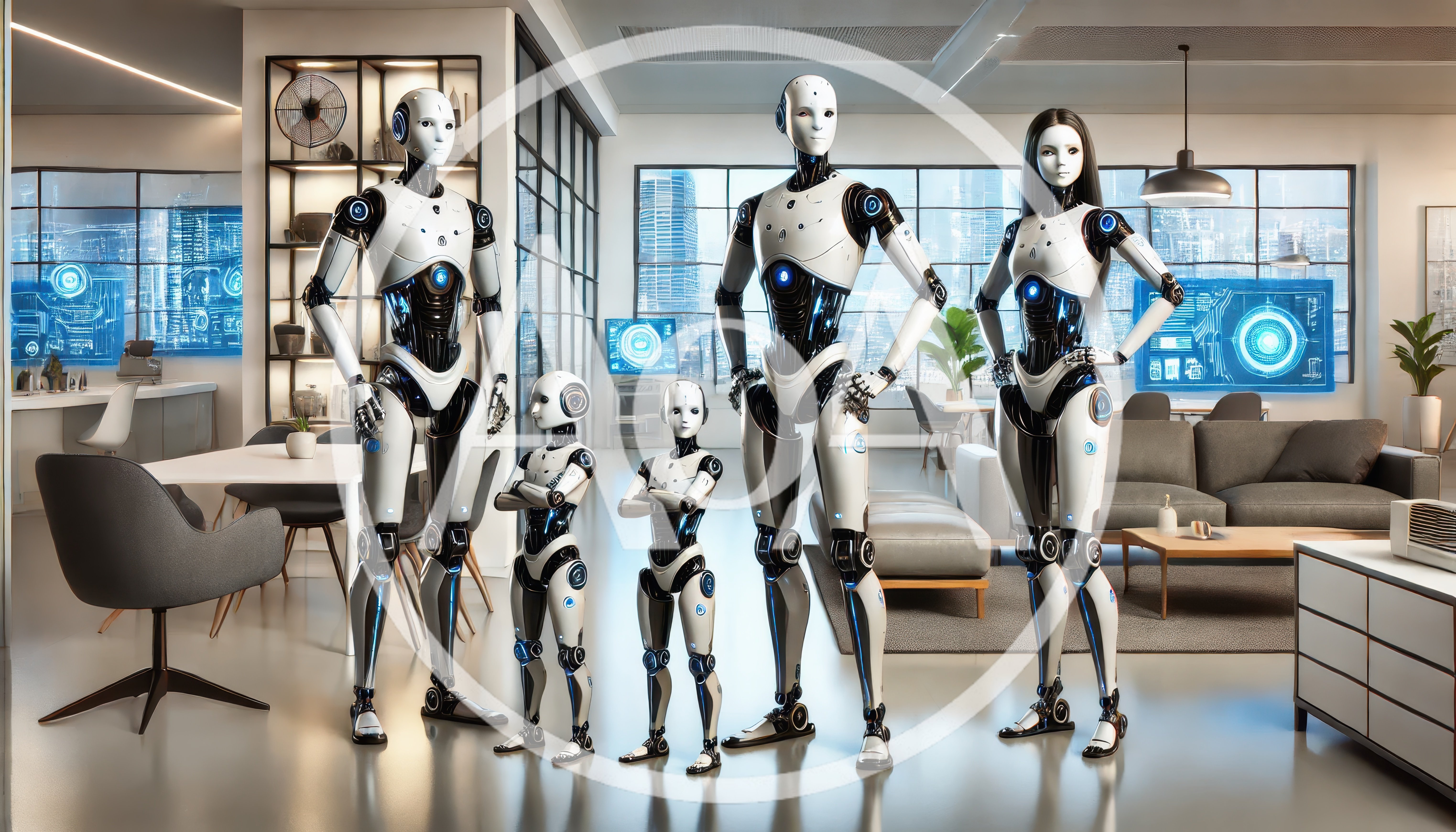Futuristic Robot Family Standing In Modern Living Room