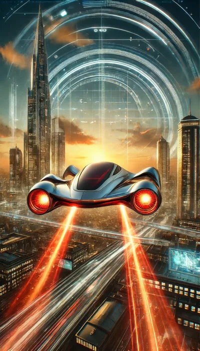 Futuristic Flying Vehicle Over A Cyberpunk Cityscape