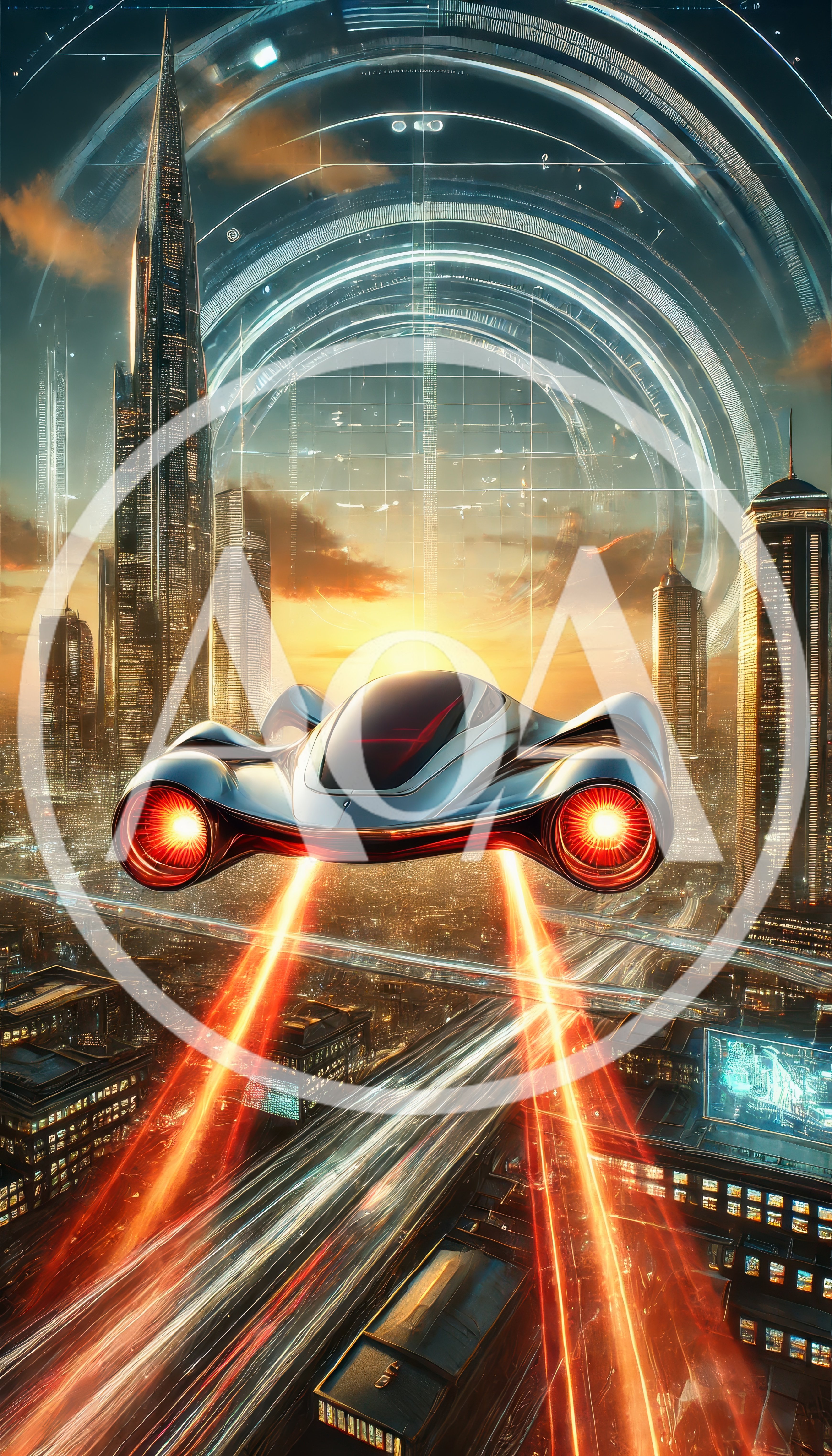 Futuristic Flying Vehicle Over A Cyberpunk Cityscape