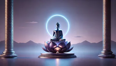Meditating Buddha Statue On Lotus Throne With Neon Halo