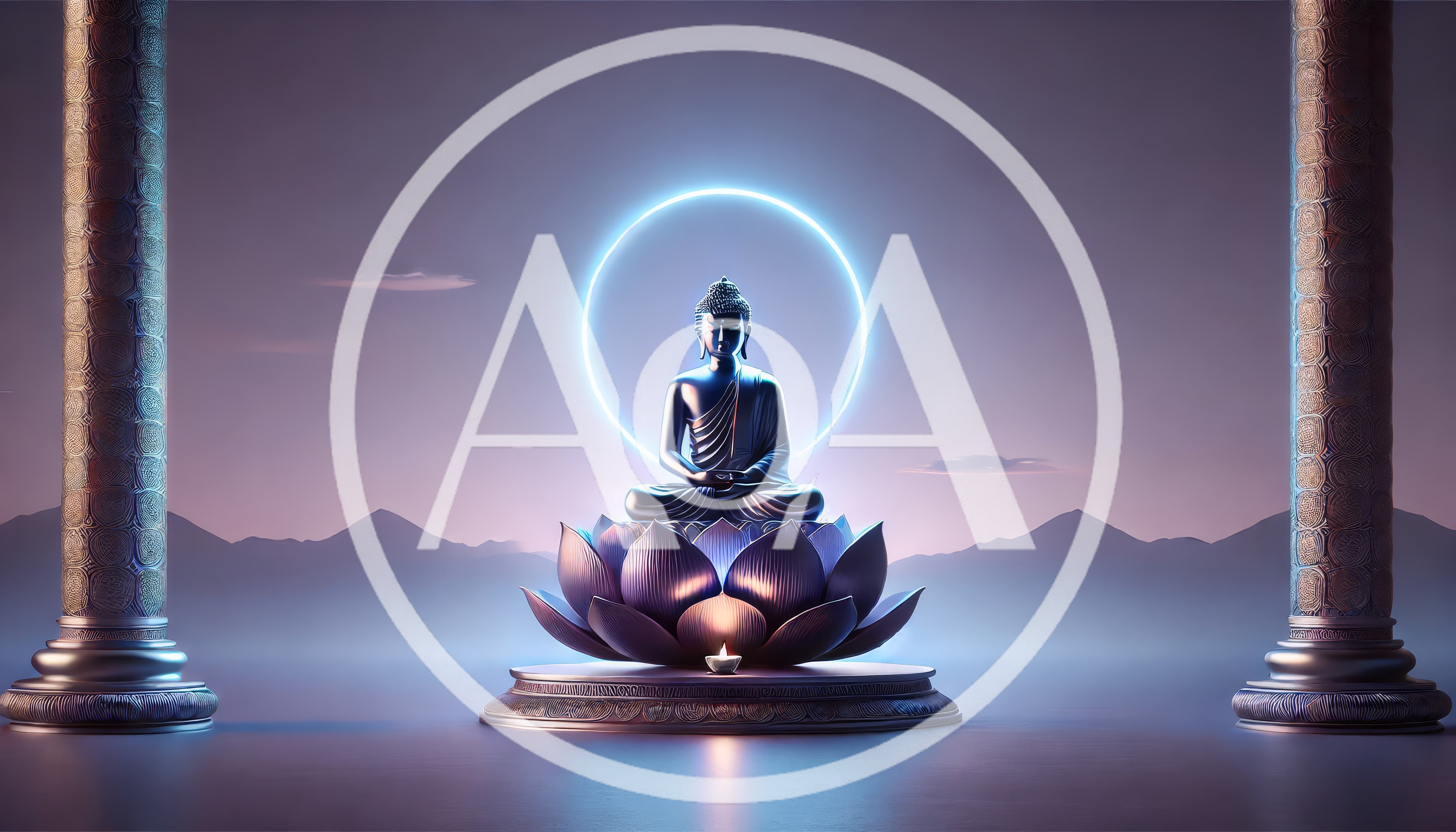 Meditating Buddha Statue On Lotus Throne With Neon Halo