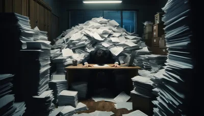 Overwhelmed Office Worker Buried Under Massive Paperwork Piles