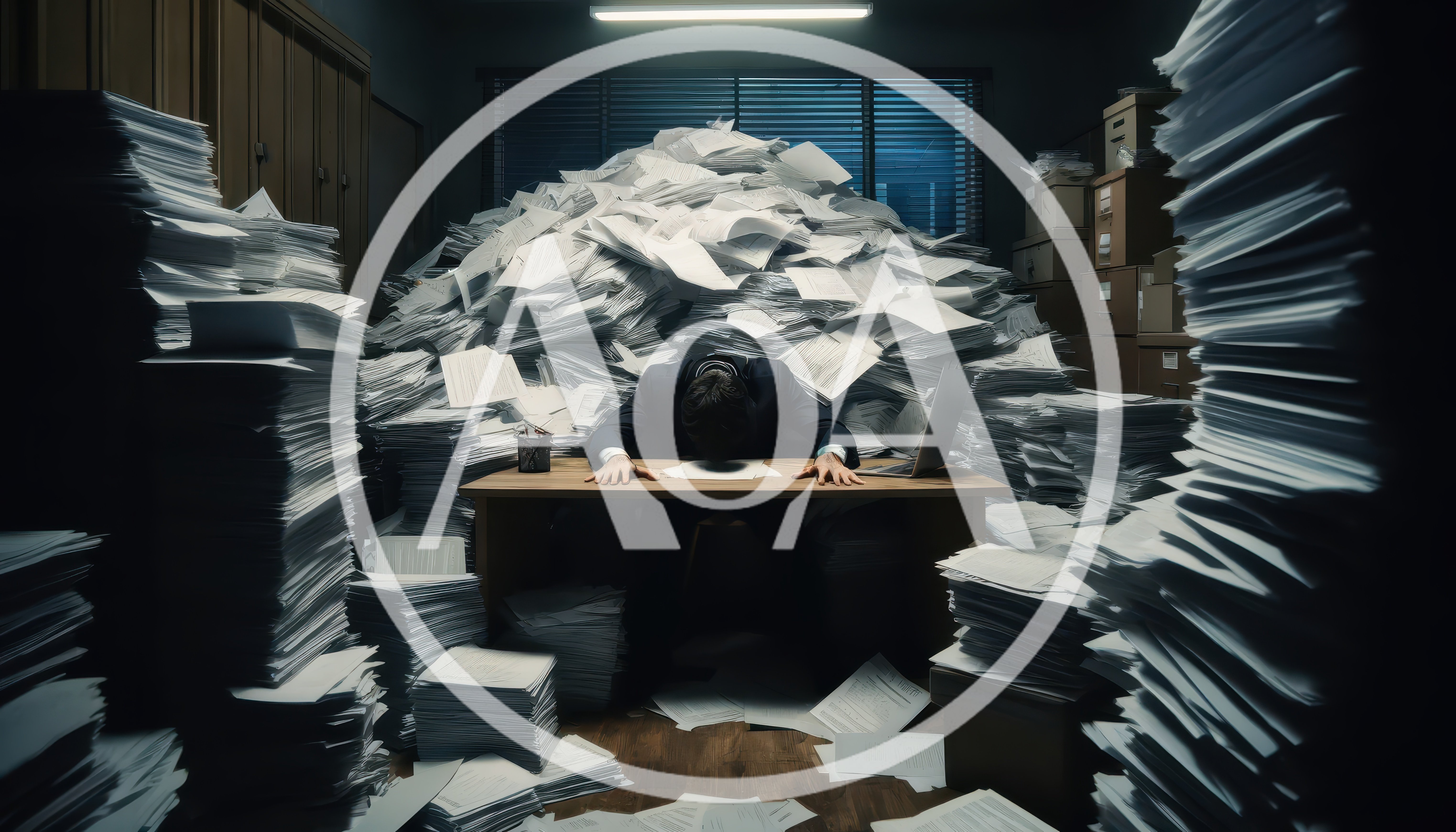 Overwhelmed Office Worker Buried Under Massive Paperwork Piles