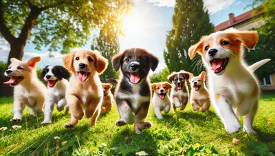 Group of Happy Puppies Running on Grass
