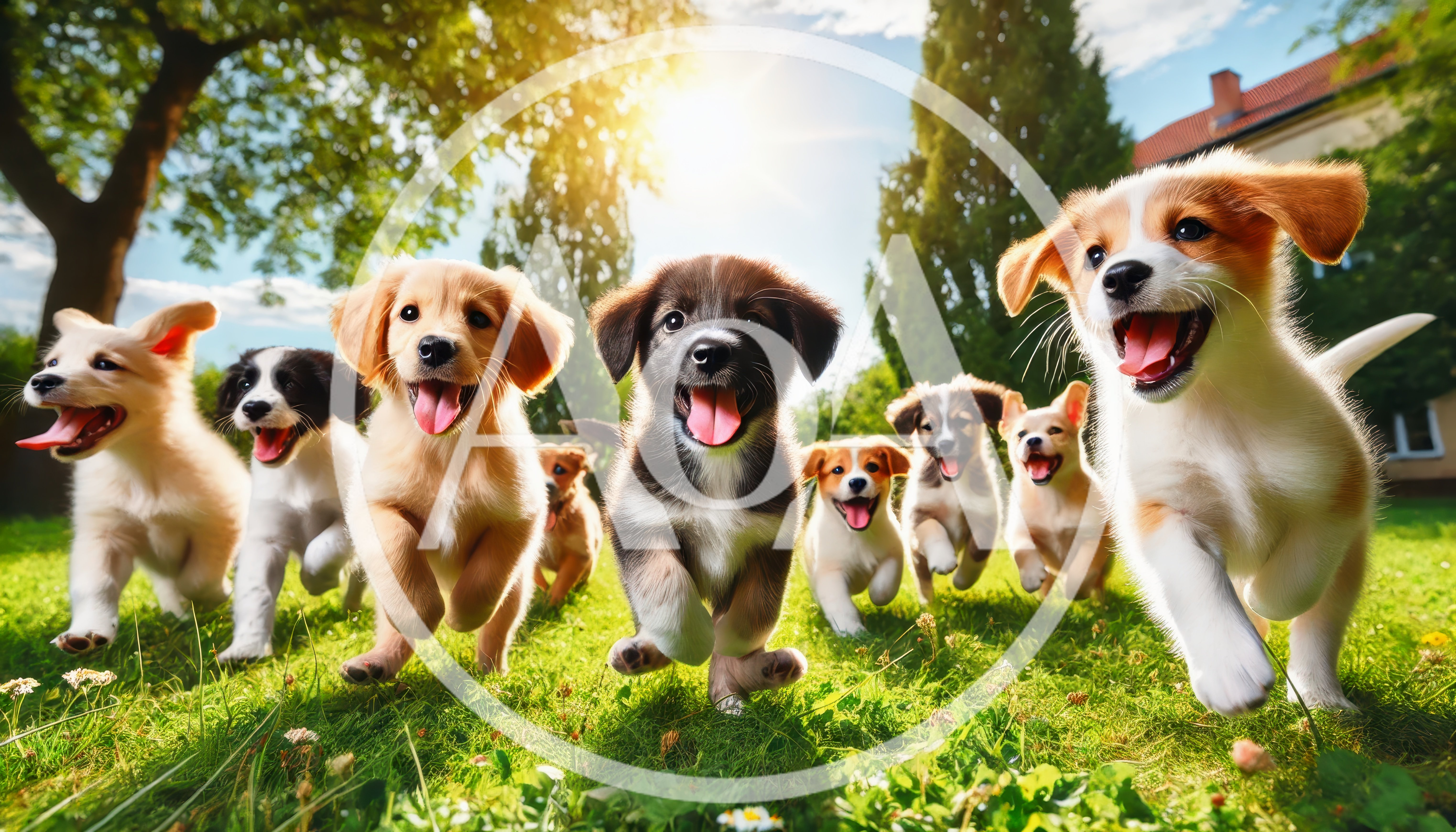 Group of Happy Puppies Running on Grass