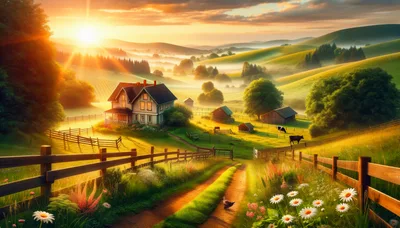 Idyllic Farmhouse Landscape At Sunrise