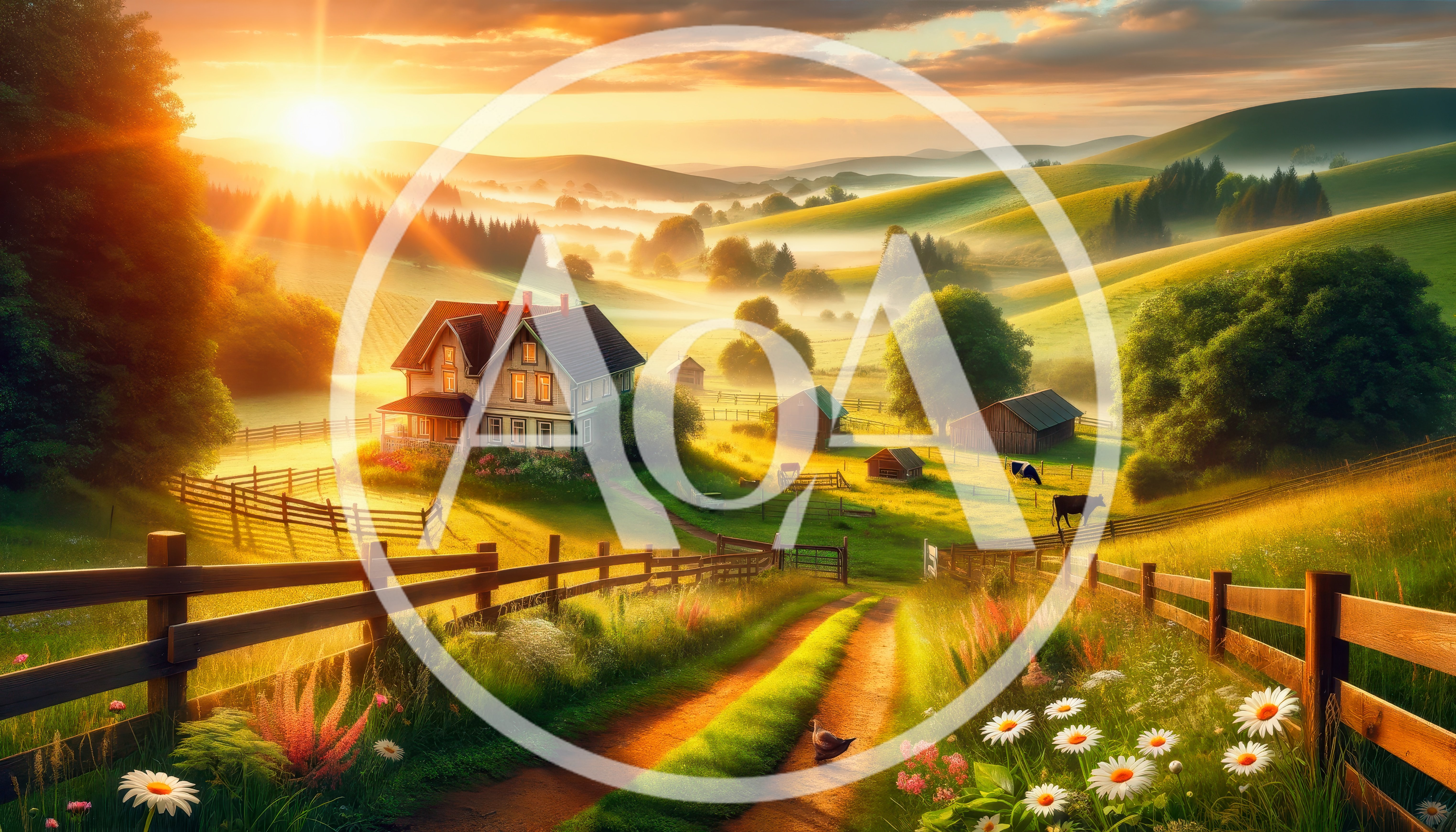 Idyllic Farmhouse Landscape At Sunrise