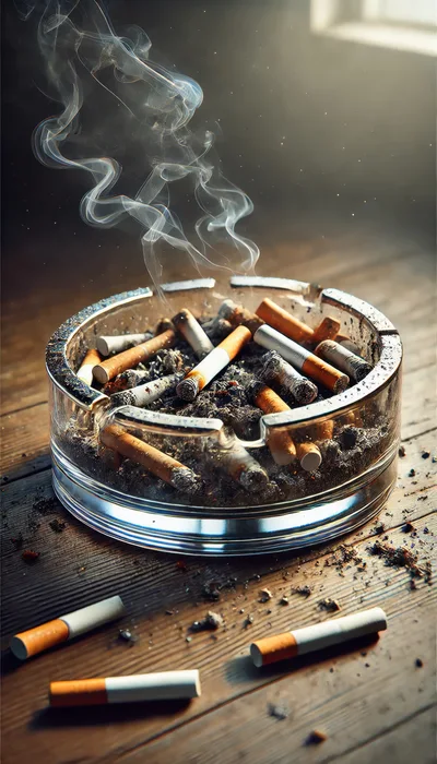 Glass Ashtray Filled With Smoldering Cigarette Butts