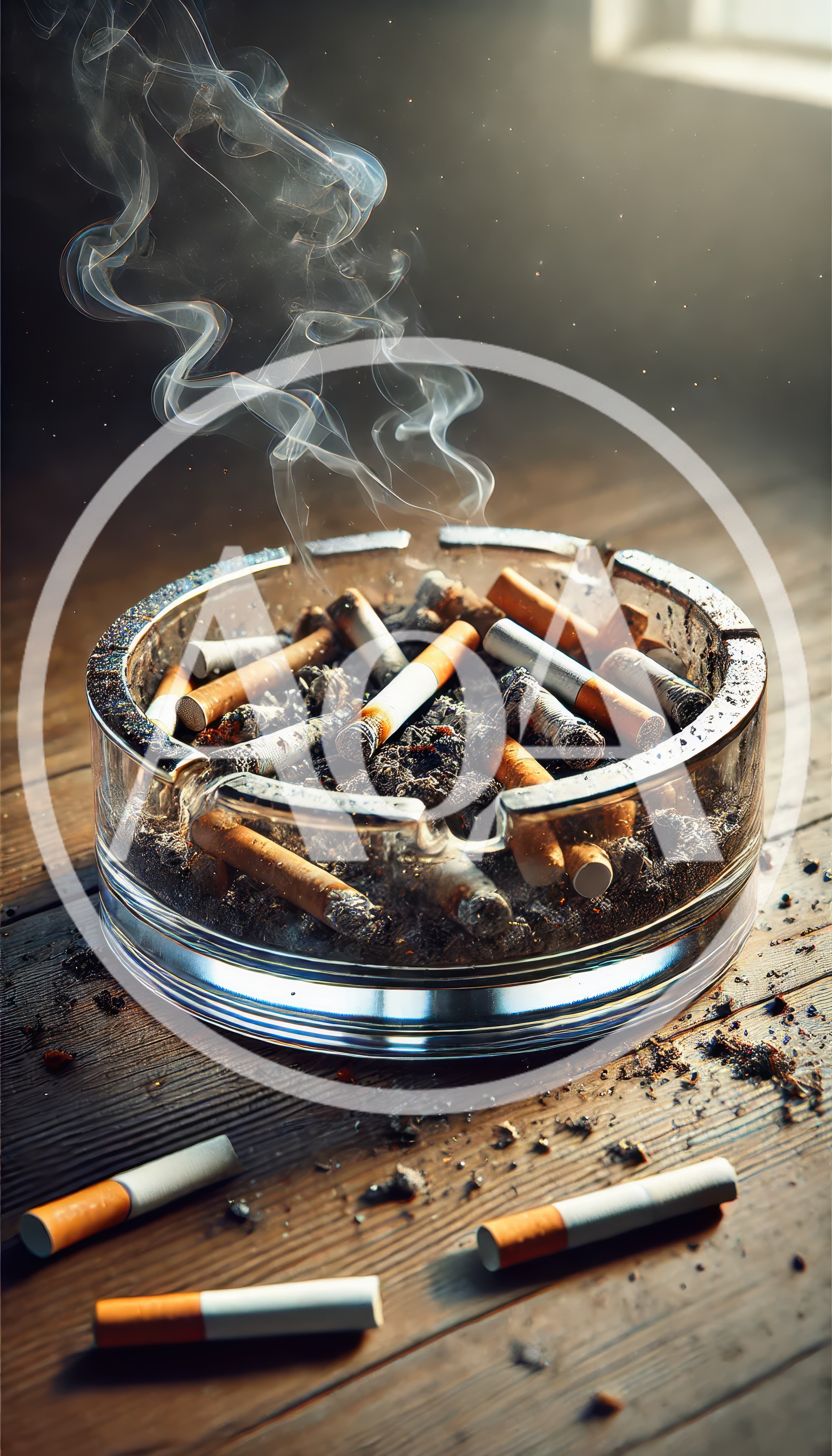 Glass Ashtray Filled With Smoldering Cigarette Butts