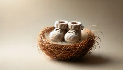 Pair Of Knitted Baby Booties In A Bird Nest