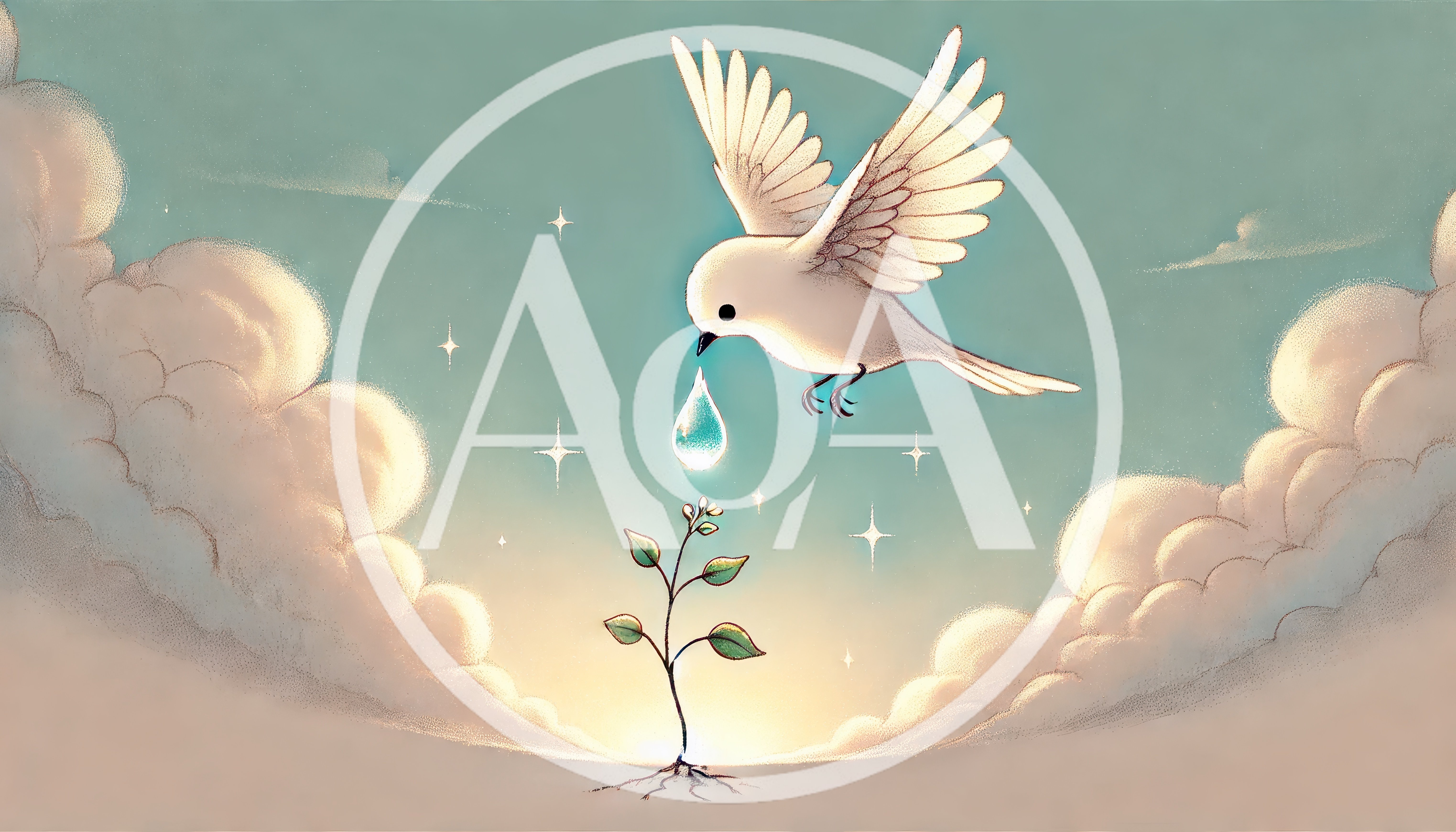 White Dove Dropping Water Onto A Small Sprout