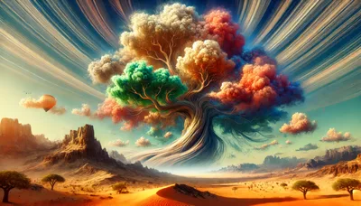 Surreal Fantasy Landscape With Giant Colorful Tree