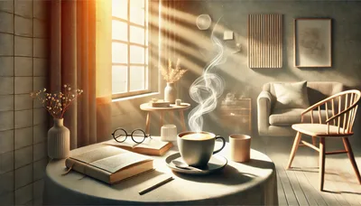 Cozy Morning Coffee Scene With Book And Glasses