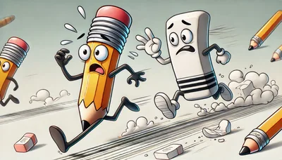 Cartoon Pencil and Eraser Running Away in Panic