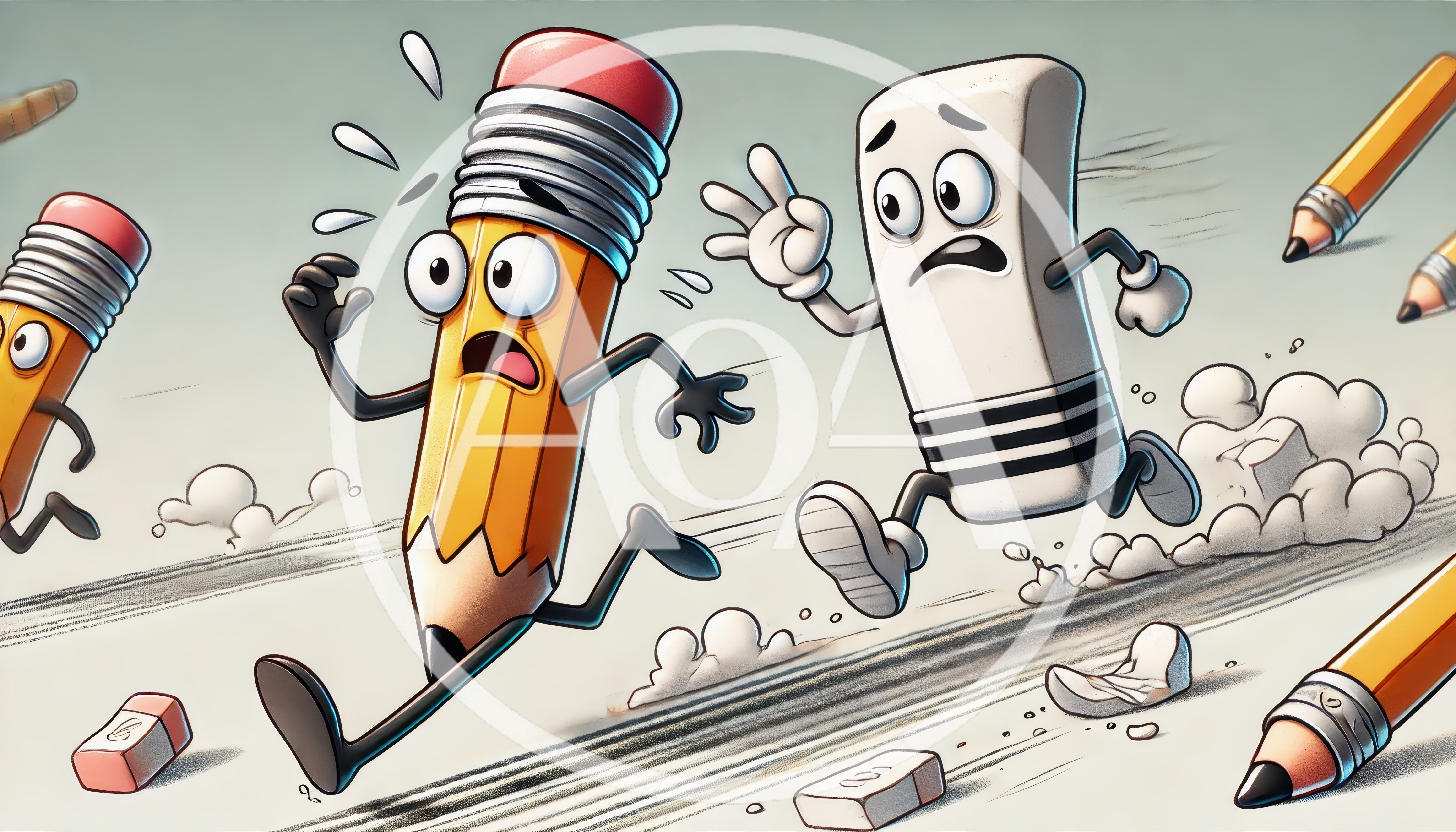 Cartoon Pencil and Eraser Running Away in Panic