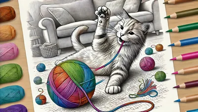 Cute Kitten Playing With Colorful Yarn Ball