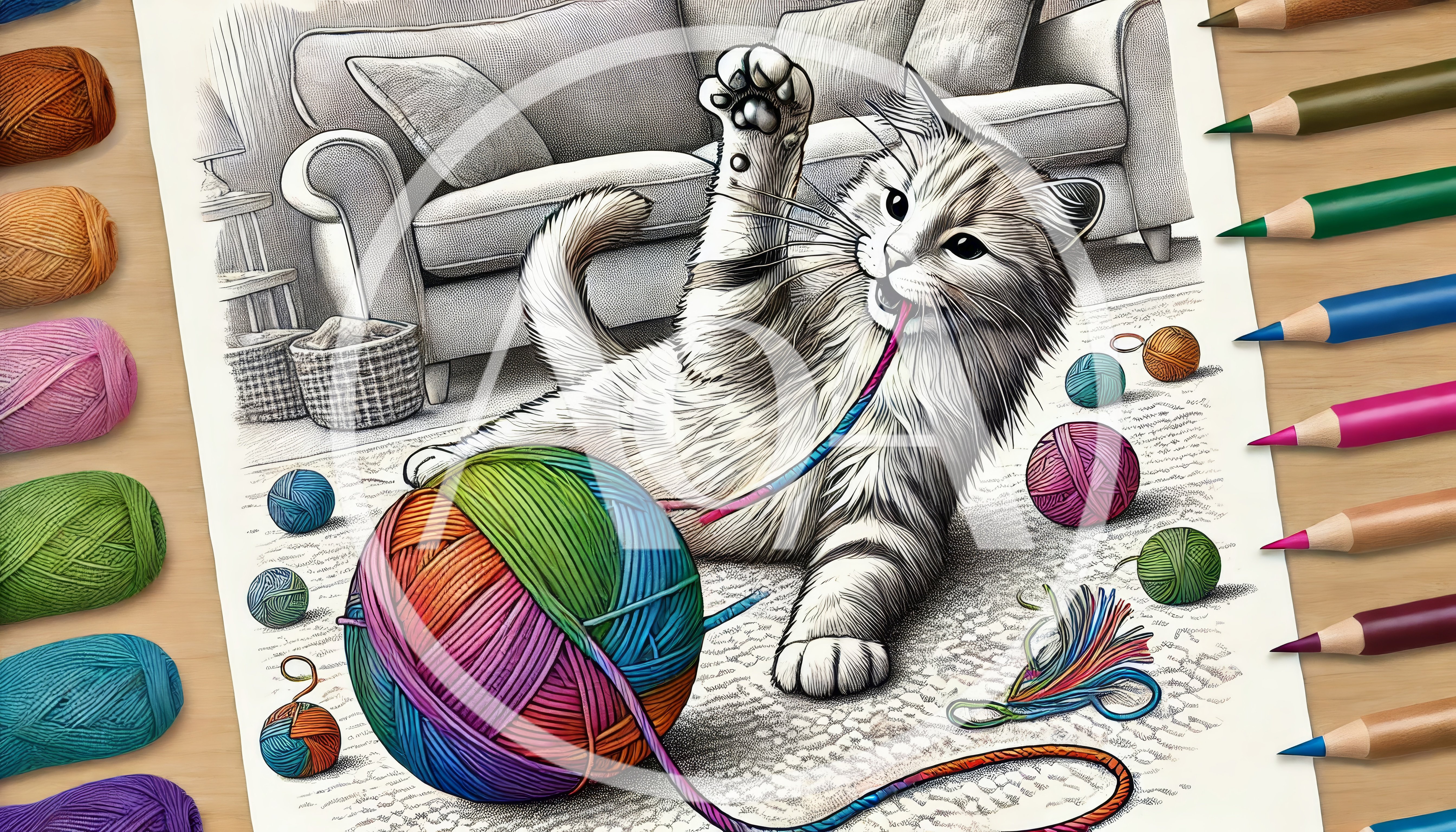 Cute Kitten Playing With Colorful Yarn Ball