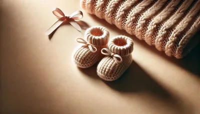 Knitted Baby Booties and Ribbon on Soft Background