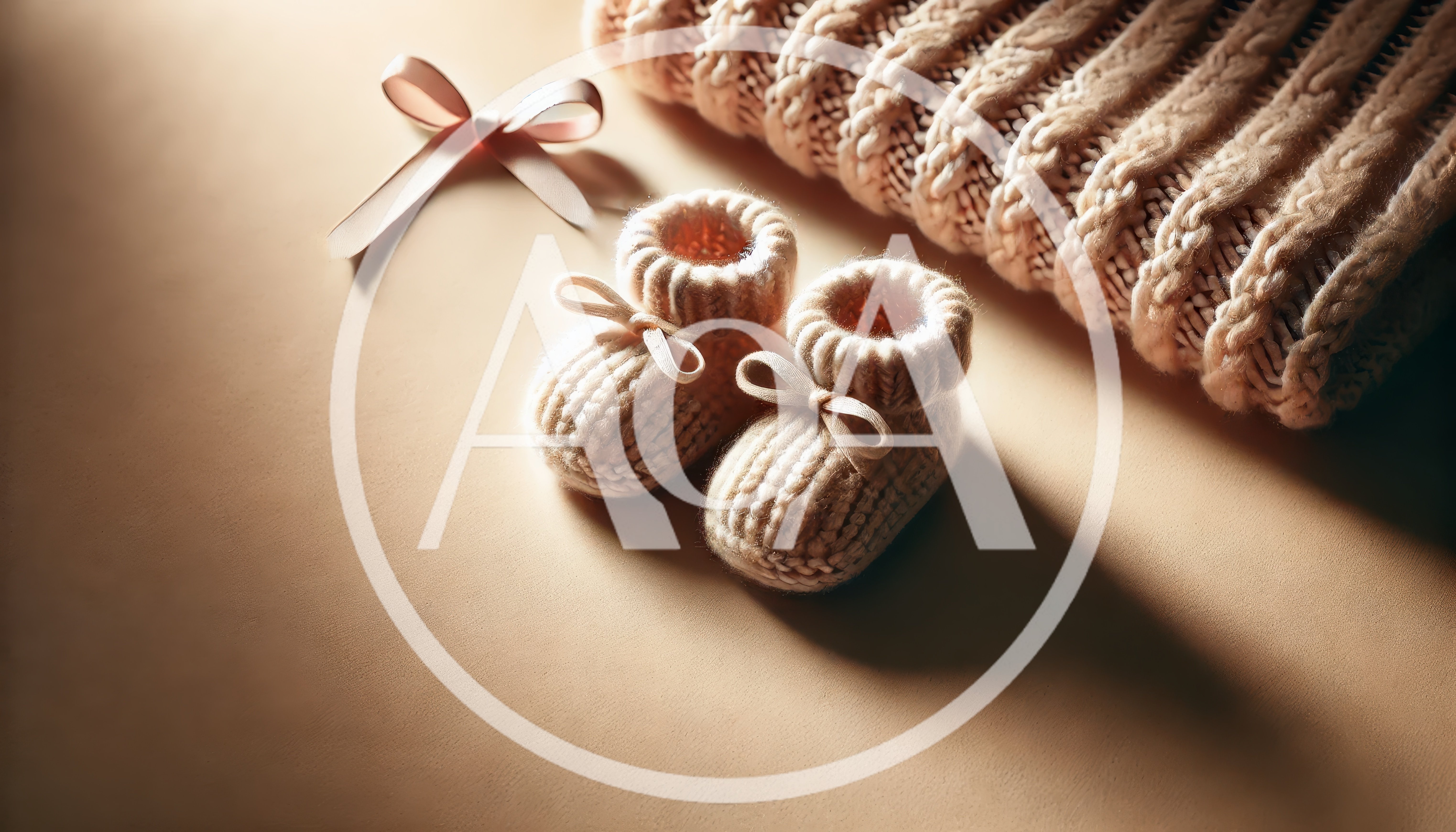 Knitted Baby Booties and Ribbon on Soft Background