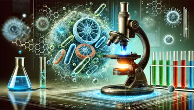 Scientific Microscope With Microorganisms And Laboratory Glassware