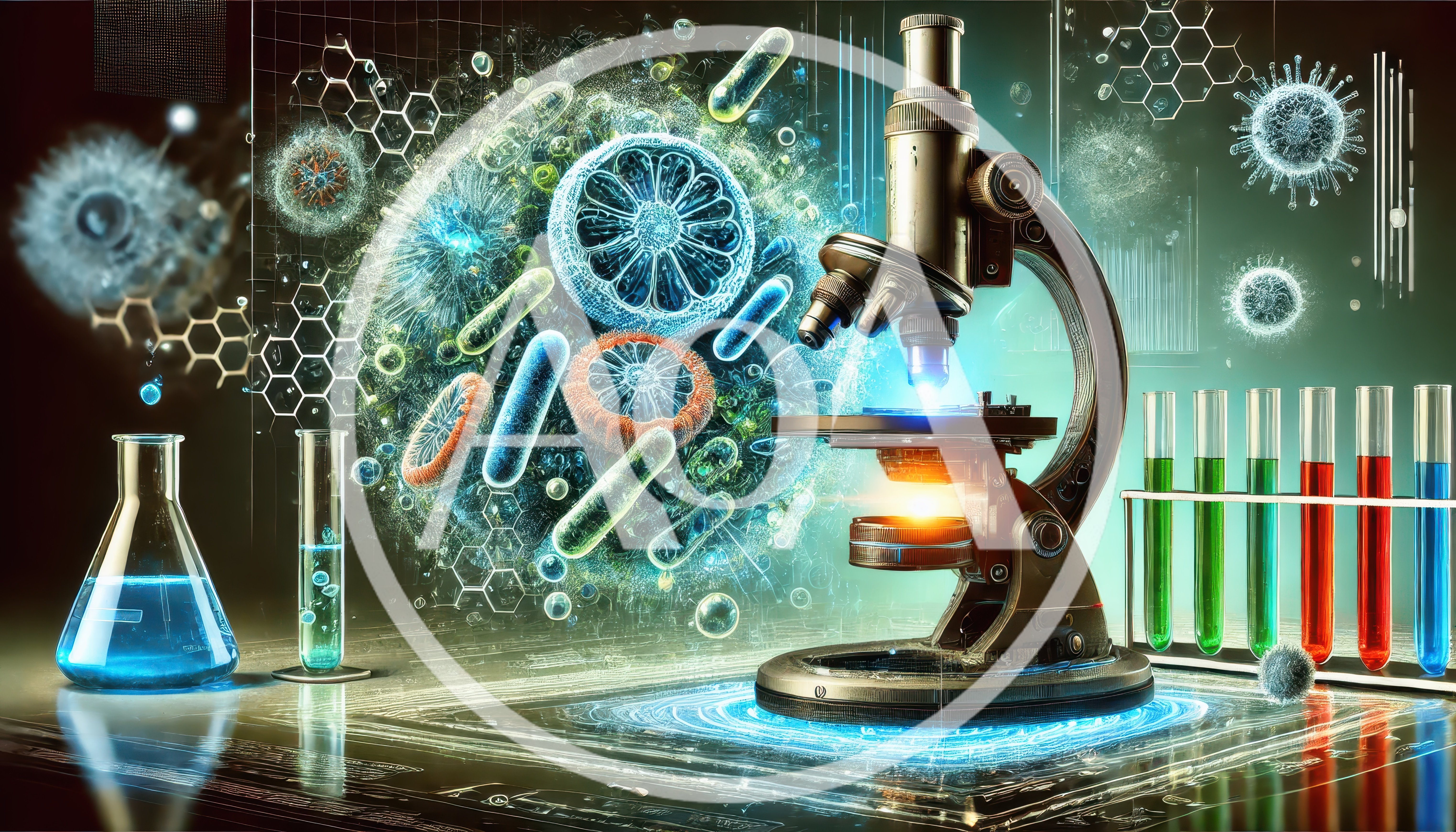 Scientific Microscope With Microorganisms And Laboratory Glassware