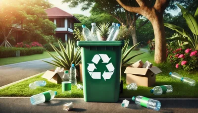 Green Recycling Bin With Plastic Bottles And Cardboard Boxes