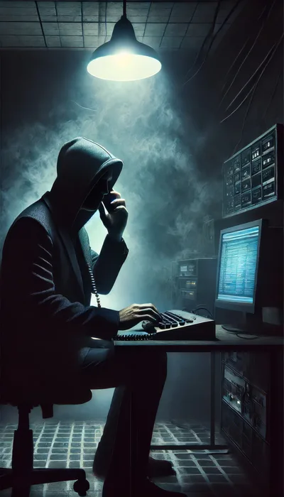 Hacker In A Dark Room Working On Computer