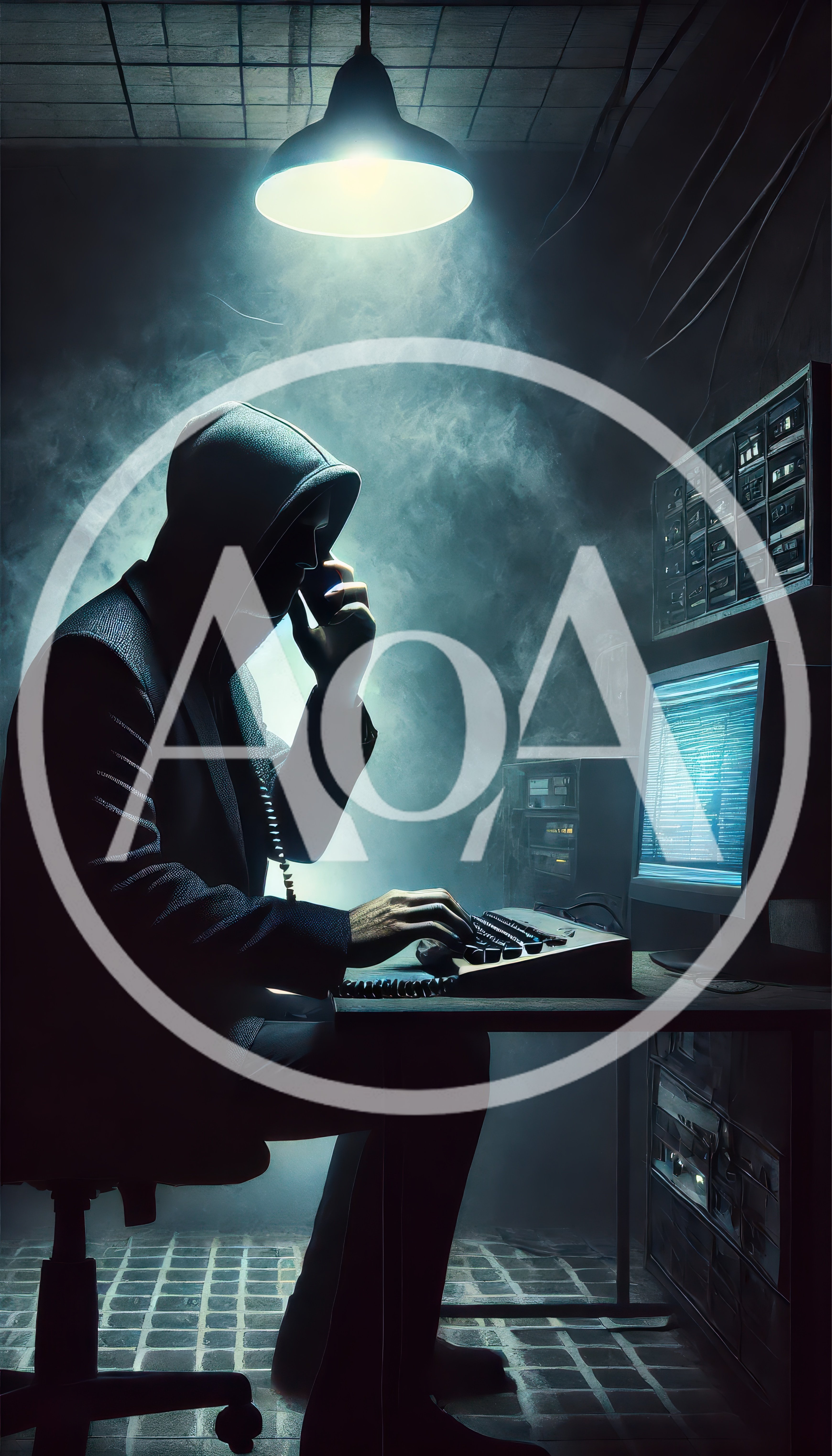 Hacker In A Dark Room Working On Computer