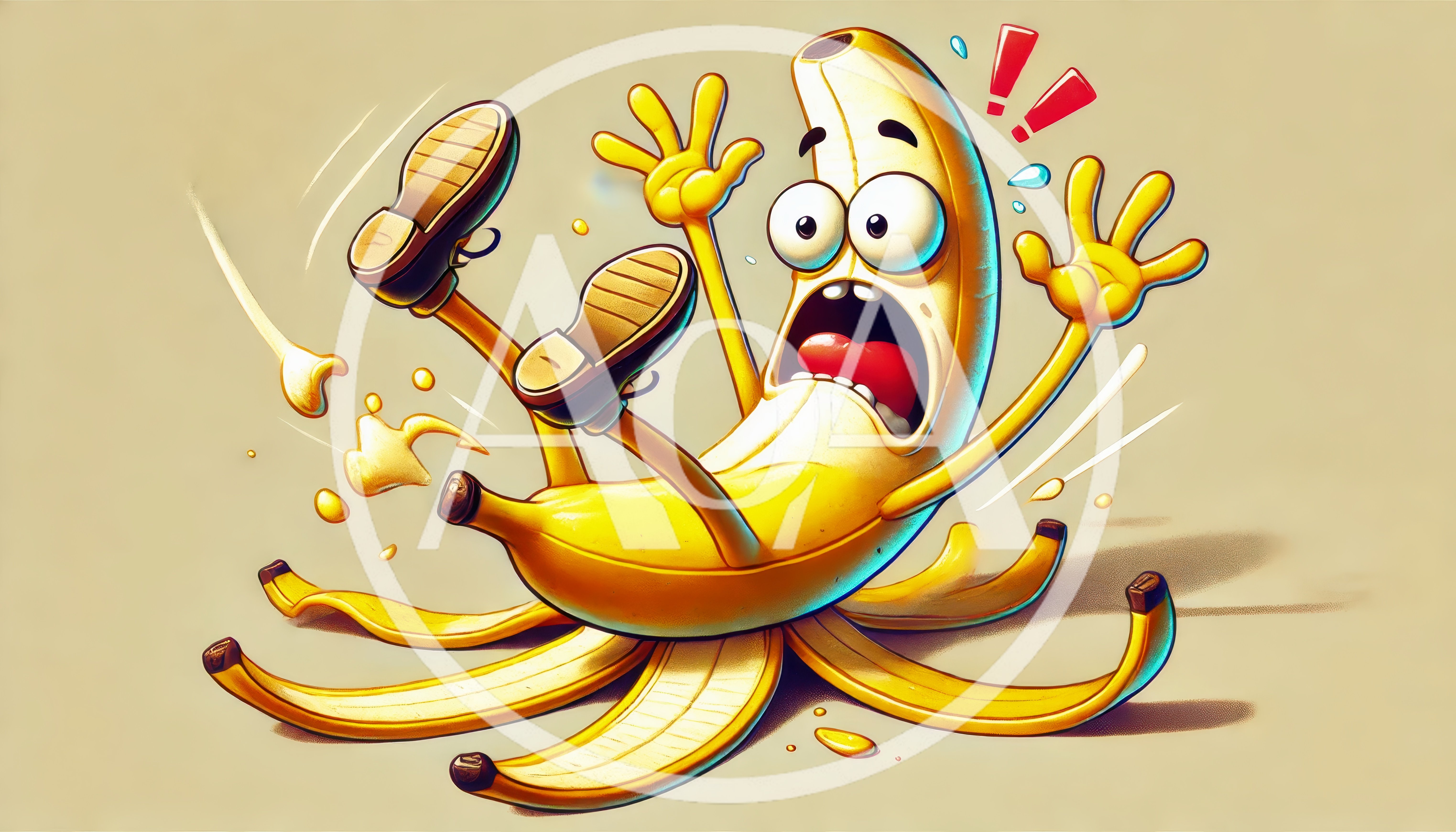 Cartoon Banana Character Slipping On A Peel