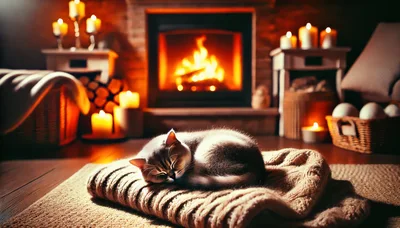 Cute Cat Sleeping On A Cozy Blanket By Fireplace