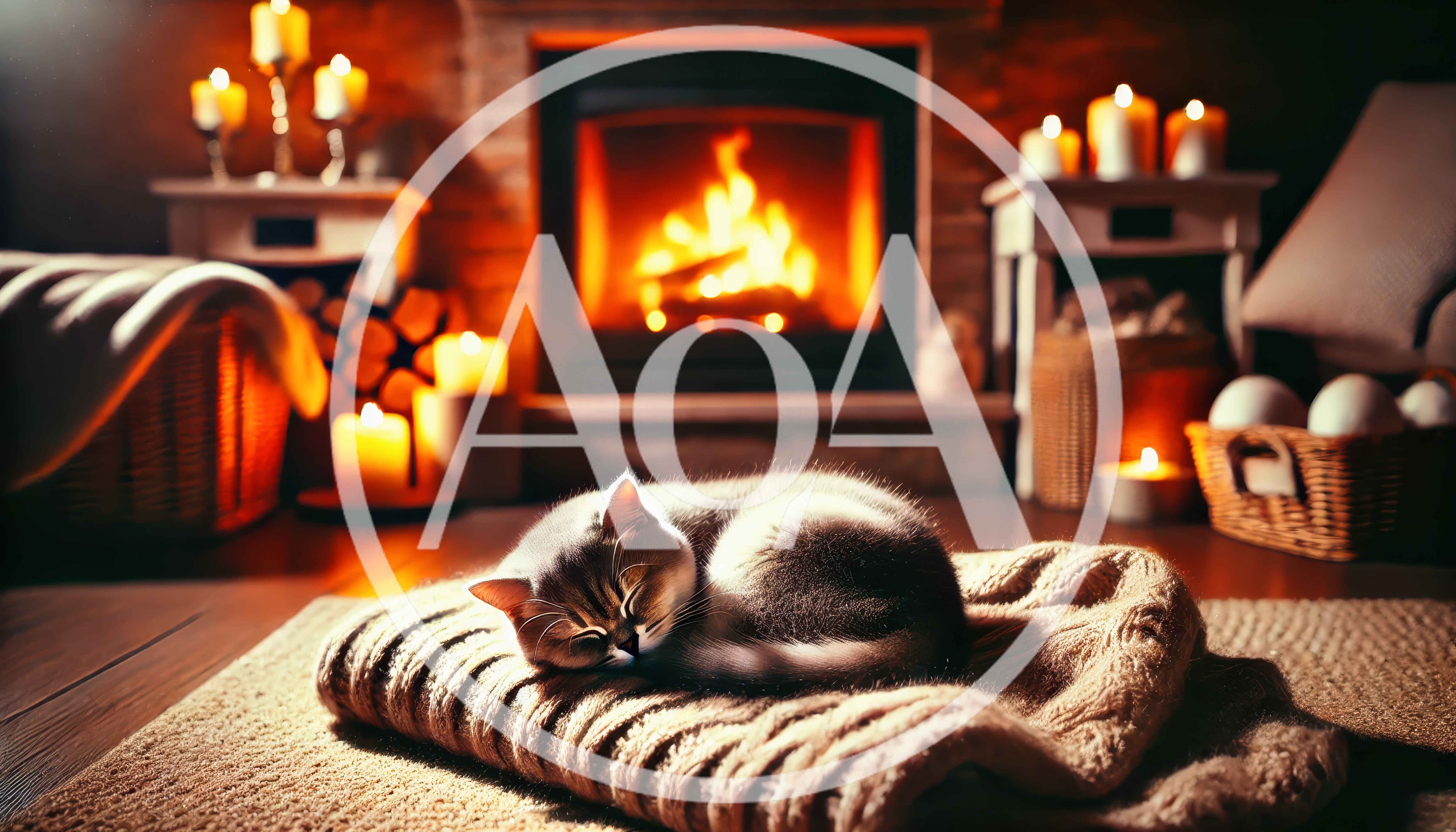 Cute Cat Sleeping On A Cozy Blanket By Fireplace