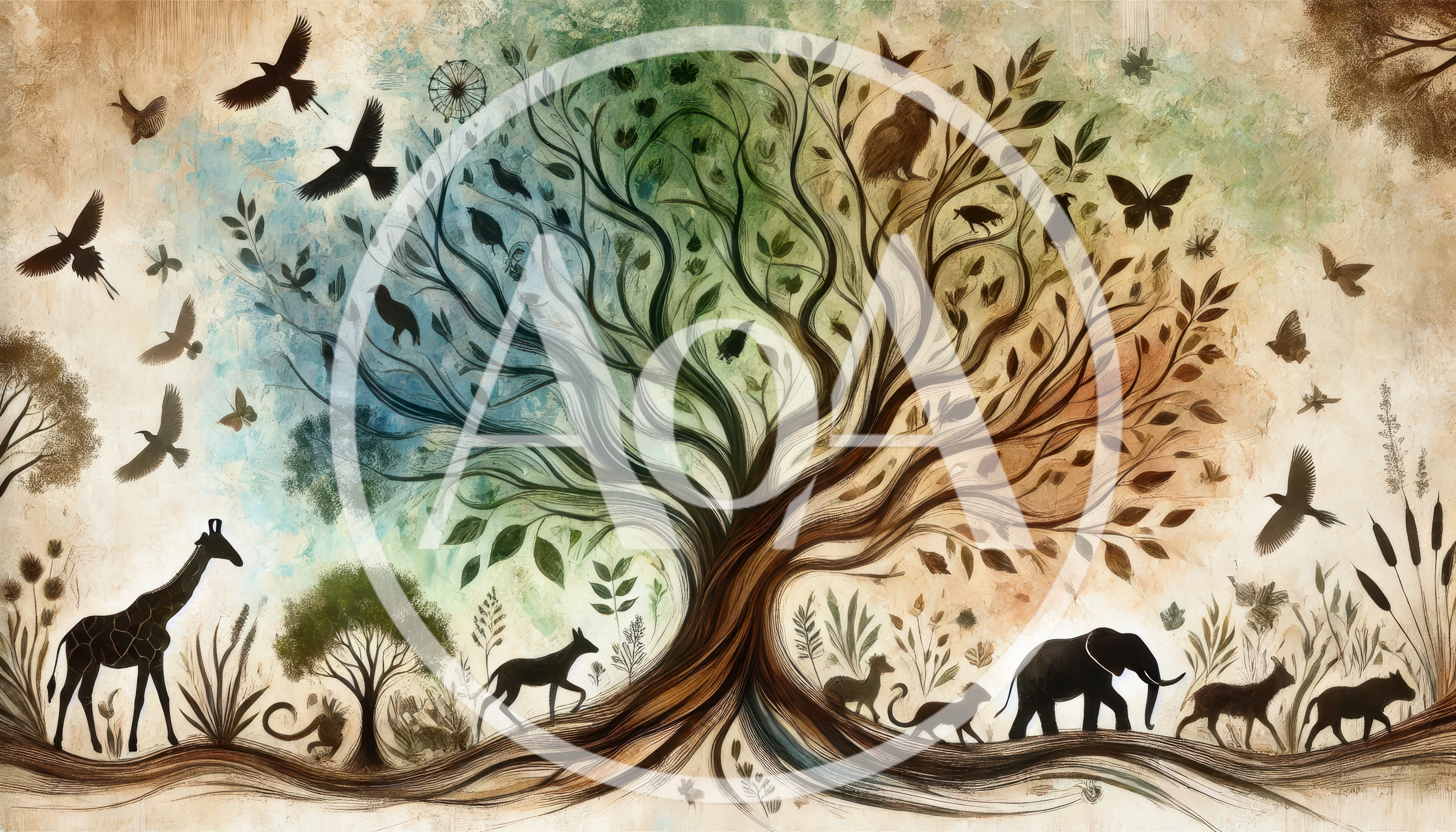 Artistic Tree Of Life With Silhouette Animals