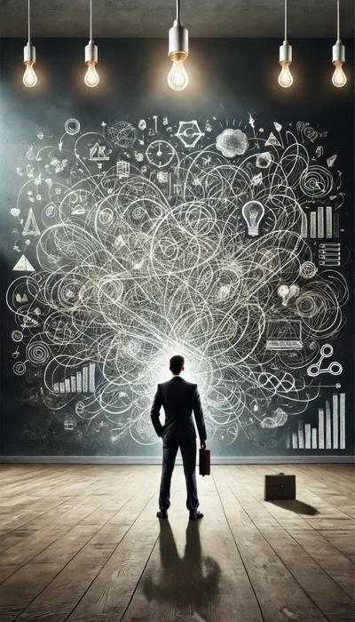 Businessman Standing Before A Complex Chalkboard Brainstorming Wall