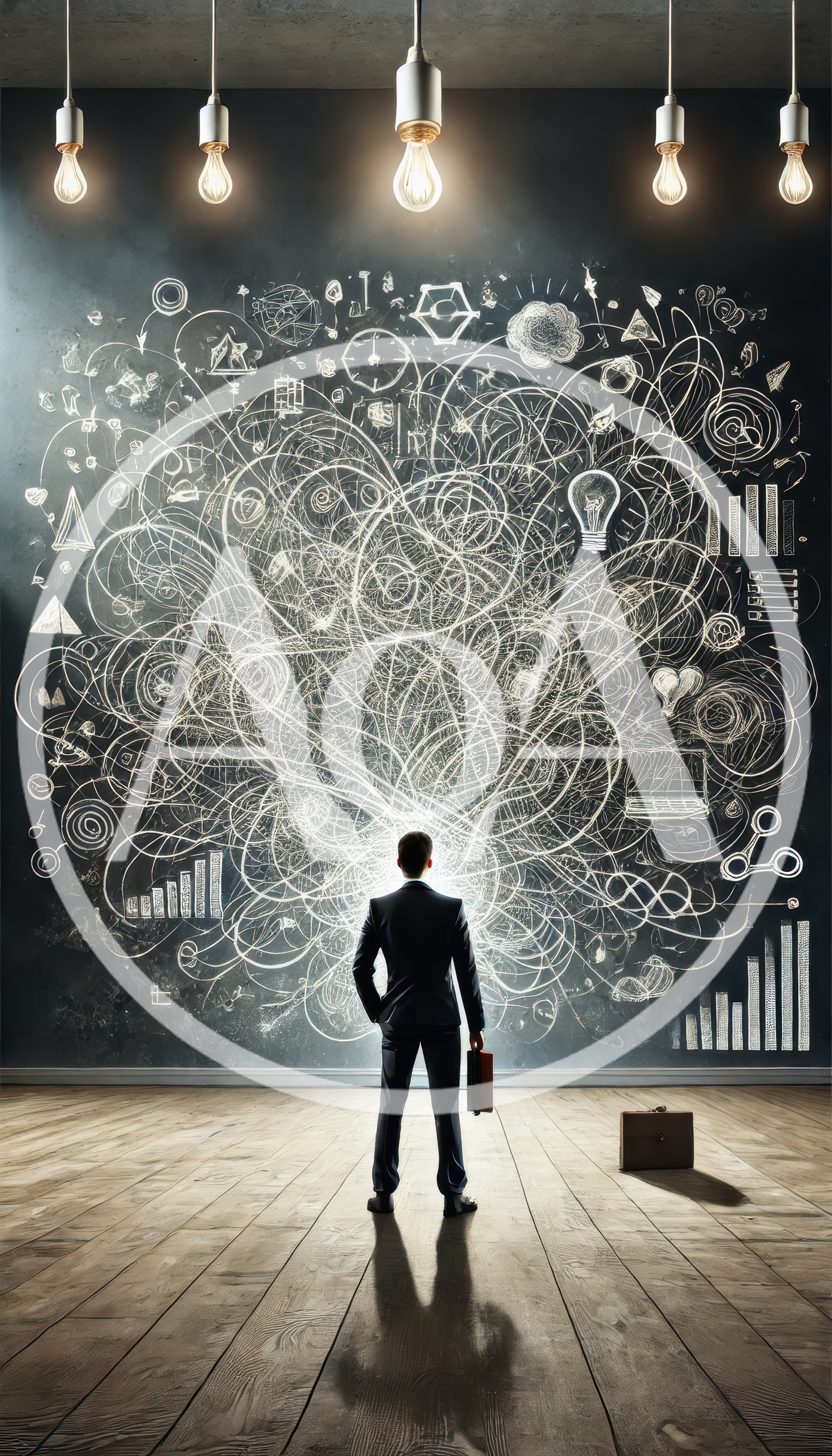 Businessman Standing Before A Complex Chalkboard Brainstorming Wall