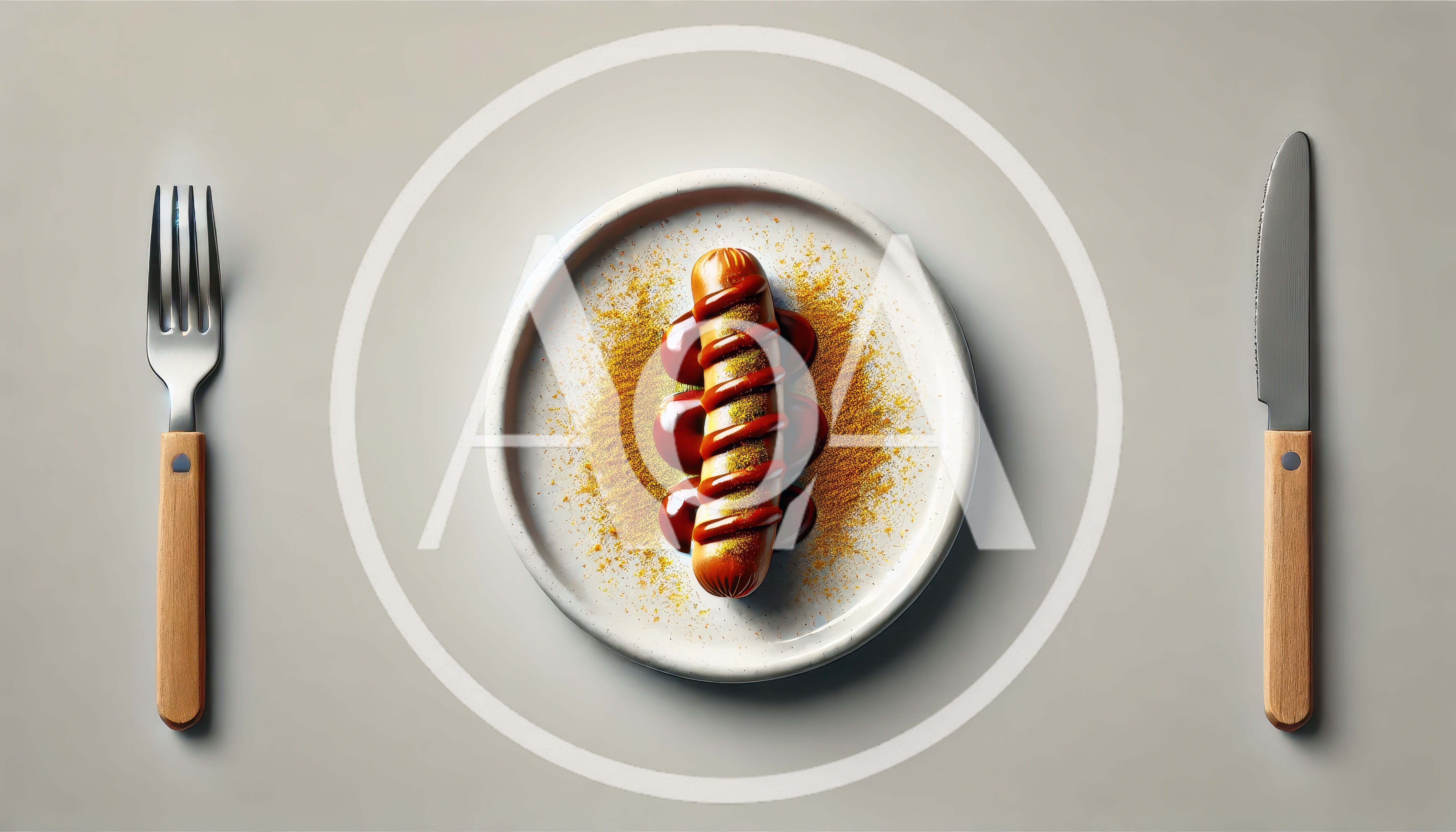 Currywurst Sausage Served on a Plate with Cutlery